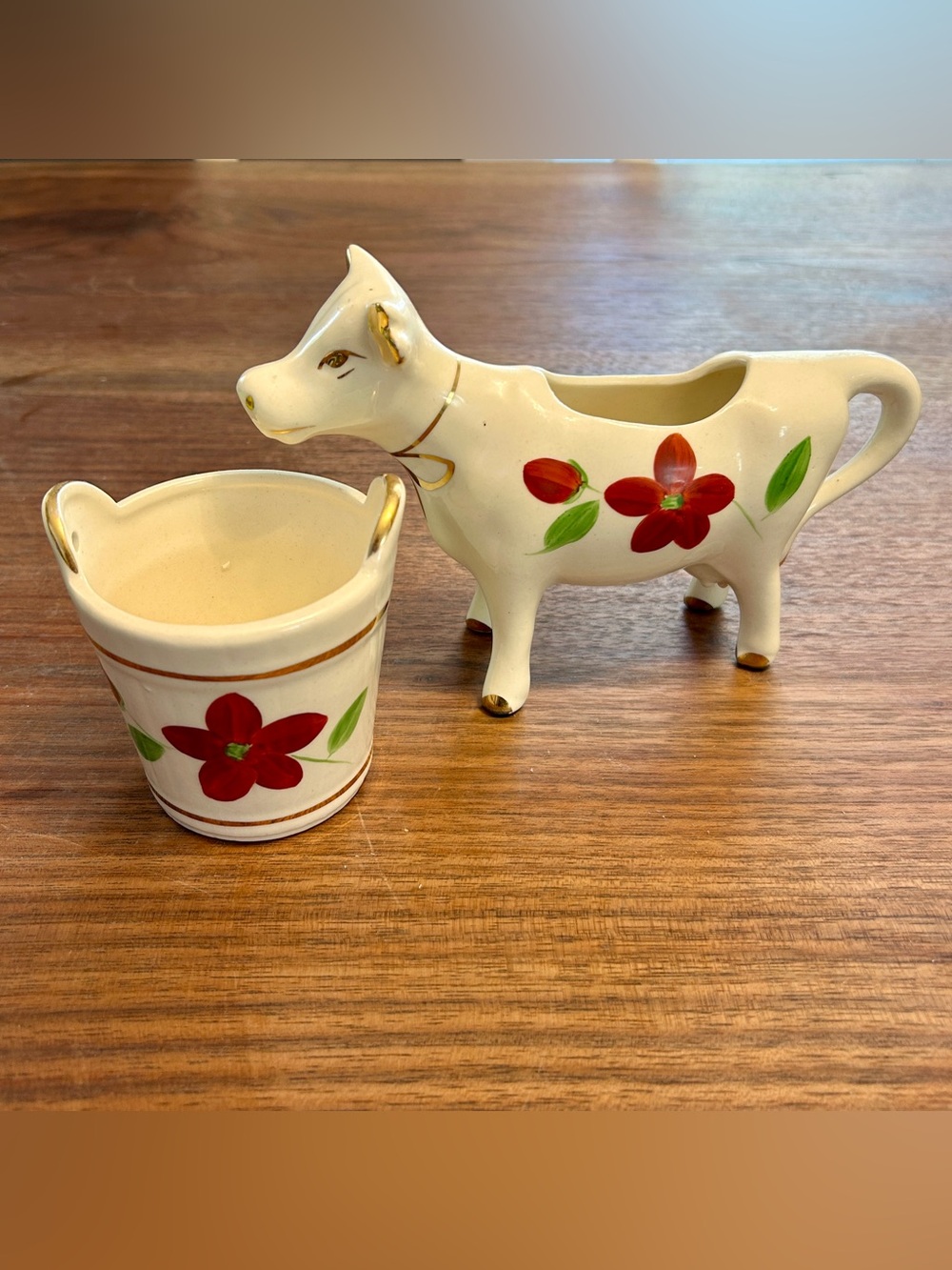 Vintage Porcelain Cow Milk Creamer & Sugar Cup Hand Painted w/ Flowers *read*